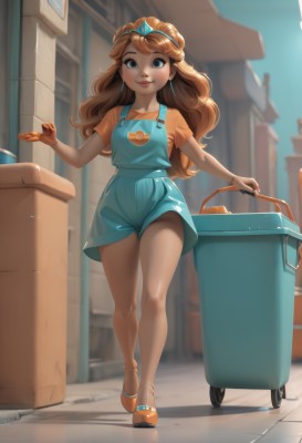 1girl,solo,long hair,breasts,looking at viewer,smile,blue eyes,brown hair,shirt,holding,jewelry,standing,full body,short sleeves,thighs,earrings,outdoors,shoes,shorts,day,artist name,blurry,bracelet,lips,blurry background,watermark,tiara,crown,building,walking,overalls,orange shirt,suitcase,orange footwear,overall shorts,closed mouth,short shorts,aged down,child,freckles,curly hair