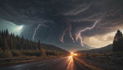 outdoors,sky,cloud,water,tree,no humans,sunlight,cloudy sky,grass,nature,scenery,forest,sunset,mountain,electricity,road,river,lightning,landscape,ground vehicle,motor vehicle,path