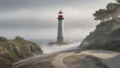 outdoors,sky,day,cloud,water,tree,no humans,cloudy sky,grass,building,nature,scenery,mountain,road,architecture,bridge,river,castle,tower,landscape,fog,path,cliff,rock,sand,lighthouse