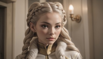 1girl,solo,long hair,looking at viewer,blonde hair,brown eyes,jewelry,closed mouth,braid,earrings,indoors,blurry,twin braids,lips,grey eyes,eyelashes,depth of field,blurry background,portrait,forehead,freckles,realistic,nose,candle,hair pulled back,multiple braids,fur trim,thick eyebrows,crown braid