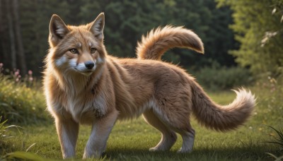 solo,looking at viewer,brown eyes,closed mouth,standing,tail,full body,flower,outdoors,day,signature,blurry,tree,no humans,depth of field,blurry background,animal,grass,plant,nature,forest,dog,realistic,animal focus