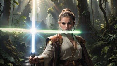 1girl,solo,breasts,looking at viewer,brown hair,holding,brown eyes,jewelry,upper body,weapon,earrings,outdoors,sword,hair bun,cape,holding weapon,armor,bracelet,tree,lips,holding sword,sunlight,single hair bun,plant,nature,forest,robe,serious,light rays,hoop earrings,realistic,fantasy,animification,sunbeam,glowing weapon,energy sword,glowing sword,lightsaber,japanese clothes,mouth hold,science fiction,glint