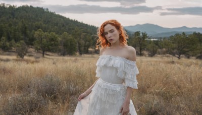 1girl,solo,long hair,looking at viewer,brown hair,dress,bare shoulders,closed mouth,standing,outdoors,frills,sky,day,cloud,medium hair,off shoulder,white dress,orange hair,blurry,tree,lips,strapless,blurry background,frilled dress,cloudy sky,grass,nature,scenery,curly hair,mountain,realistic,skirt hold,off-shoulder dress,field,breasts,brown eyes,collarbone,red hair,parted lips,head tilt,strapless dress,forest