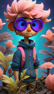 solo,looking at viewer,short hair,blue eyes,1boy,closed mouth,jacket,pink hair,flower,male focus,outdoors,glasses,pants,artist name,dark skin,hood,bag,blurry,tree,hoodie,frown,leaf,dark-skinned male,backpack,hood down,bug,plant,child,hands in pockets,male child,mushroom,tinted eyewear,cowboy shot,shorts,watermark,spiked hair,cherry blossoms,goggles,web address,zipper,badge,blue hoodie