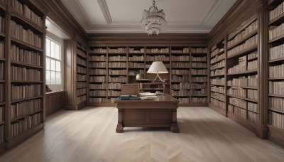 day,indoors,book,no humans,window,chair,table,sunlight,scenery,desk,wooden floor,bookshelf,lamp,shelf,book stack,library,ladder,chandelier,voile