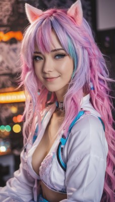 1girl,solo,long hair,breasts,looking at viewer,smile,bangs,blue eyes,shirt,long sleeves,animal ears,cleavage,medium breasts,closed mouth,underwear,blue hair,white shirt,upper body,pink hair,multicolored hair,open clothes,choker,midriff,belt,cat ears,bra,blurry,collar,two-tone hair,lips,streaked hair,open shirt,depth of field,blurry background,white bra,realistic,jewelry,earrings,artist name,grey eyes,denim,bokeh