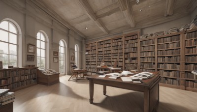 day,indoors,tree,book,no humans,window,shadow,chair,table,sunlight,scenery,desk,wooden floor,paper,bookshelf,lamp,shelf,book stack,library,ceiling,ladder,curtains