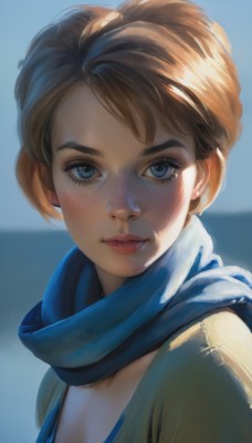 1girl,solo,looking at viewer,smile,short hair,blue eyes,brown hair,jewelry,closed mouth,upper body,earrings,scarf,lips,eyelashes,makeup,blue background,portrait,realistic,nose,stud earrings,blue scarf,breasts,bangs,cleavage,artist name,thick eyebrows,lipstick,backlighting,mascara