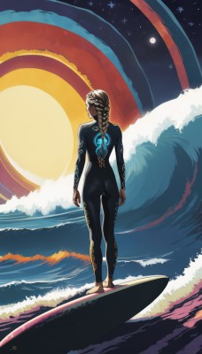 1girl,solo,long hair,blonde hair,brown hair,standing,ass,braid,sky,barefoot,cloud,water,from behind,star (symbol),single braid,bodysuit,tattoo,ocean,beach,moon,star (sky),starry sky,sun,space,planet,waves,surfboard,wetsuit,long sleeves,full body,outdoors,artist name,dark skin,dark-skinned female,night,watermark,back,night sky,hair over shoulder,skin tight,backlighting,walking,sunset,braided ponytail,arms at sides,horizon,black bodysuit,facing away,sunrise