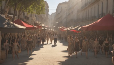 short hair,multiple girls,skirt,dress,outdoors,multiple boys,day,white dress,tree,shadow,holding hands,6+girls,sunlight,building,scenery,walking,6+boys,city,road,street,crowd,people,umbrella