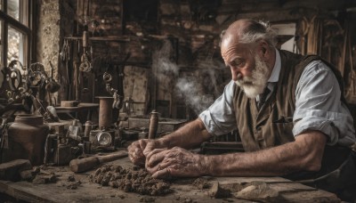 solo,shirt,1boy,sitting,white shirt,upper body,white hair,male focus,necktie,collared shirt,indoors,vest,window,facial hair,scar,chair,table,black necktie,beard,sleeves rolled up,smoke,cigarette,paper,realistic,mustache,smoking,lamp,bald,manly,old,hammer,sepia,old man,map,newspaper,cigar,grey hair,from side,book,dress shirt,sunlight,bottle,scroll,brown vest,gears,brown theme,steampunk,wrinkled skin