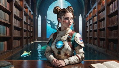 1girl,solo,long hair,breasts,blush,blue eyes,brown hair,long sleeves,brown eyes,sitting,upper body,braid,parted lips,indoors,water,hair bun,armor,lips,looking to the side,book,window,double bun,makeup,looking away,own hands together,lipstick,shoulder armor,freckles,reflection,fish,science fiction,light rays,breastplate,open book,nose,bookshelf,red lips,book stack,library,aquarium,hair ornament,jewelry,signature,table,sunlight,ring,eyeshadow,realistic,hair behind ear,jumpsuit,alien,spacecraft,spacesuit,whale