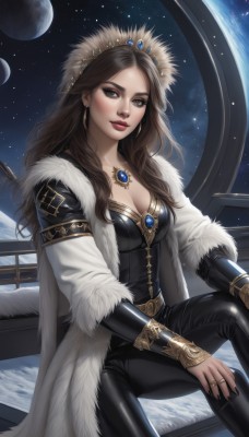 1girl,solo,long hair,breasts,looking at viewer,brown hair,cleavage,brown eyes,jewelry,medium breasts,sitting,closed mouth,earrings,sky,pants,signature,necklace,cape,nail polish,lips,coat,fur trim,window,bodysuit,makeup,black pants,moon,ring,tiara,crown,gem,star (sky),black nails,skin tight,starry sky,shiny clothes,realistic,nose,red lips,space,leather,planet,latex,leather pants,long sleeves,boots,night,diadem