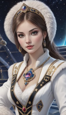 1girl,solo,long hair,breasts,looking at viewer,smile,brown hair,hat,cleavage,brown eyes,jewelry,medium breasts,upper body,earrings,parted lips,sky,necklace,lips,coat,fur trim,eyelashes,makeup,night,white headwear,gem,star (sky),night sky,pendant,eyeshadow,starry sky,freckles,realistic,nose,white coat,red lips,space,fur hat,blue gemstone,bangs,long sleeves,dress,white dress,hand on hip,parted bangs,tiara,lipstick