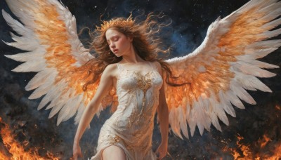 1girl,solo,long hair,breasts,brown hair,dress,bare shoulders,medium breasts,collarbone,closed eyes,cowboy shot,wings,sky,white dress,lips,strapless,floating hair,wavy hair,fire,star (sky),strapless dress,feathered wings,angel wings,realistic,arms at sides,angel,sleeveless