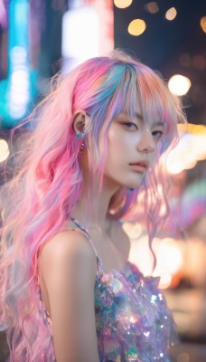 1girl,solo,long hair,looking at viewer,bangs,blue eyes,dress,bare shoulders,jewelry,upper body,pink hair,multicolored hair,earrings,parted lips,blurry,from side,lips,depth of field,blurry background,watermark,wavy hair,realistic,nose,bokeh,blue hair,outdoors,sleeveless,artist name,blunt bangs,necklace,streaked hair,makeup,night,blue dress