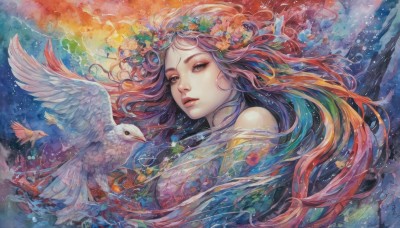 1girl,solo,long hair,looking at viewer,hair ornament,bare shoulders,upper body,pink hair,flower,red hair,multicolored hair,parted lips,artist name,hair flower,water,lips,floating hair,bird,animal,watermark,traditional media,painting (medium),head wreath,watercolor (medium),colorful,dove,orange hair,surreal