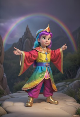 1girl,solo,long hair,smile,bangs,long sleeves,brown eyes,jewelry,closed mouth,standing,full body,purple hair,multicolored hair,boots,outdoors,sky,pants,cloud,wide sleeves,necklace,blurry,black eyes,tree,sash,gradient hair,night,blurry background,brown footwear,grass,outstretched arms,tiara,crown,pointing,gem,child,rock,female child,rainbow,pointy footwear,blue hair,pink hair,cloudy sky,robe