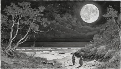 1girl,1boy,standing,monochrome,greyscale,outdoors,japanese clothes,multiple boys,sky,cloud,2boys,kimono,tree,night,traditional media,moon,grass,star (sky),nature,night sky,scenery,full moon,forest,starry sky,walking,water,from behind,ocean,animal,dog,horizon,silhouette,landscape