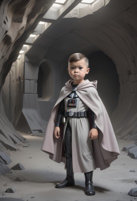 solo,looking at viewer,blue eyes,blonde hair,brown hair,1boy,standing,full body,male focus,boots,belt,indoors,hood,cape,black footwear,aged down,child,clenched hands,science fiction,rock,realistic,male child,animification,ruins,superhero,grey cape,serious,rubble