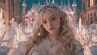 1girl,solo,long hair,breasts,looking at viewer,blue eyes,blonde hair,dress,cleavage,jewelry,upper body,earrings,outdoors,parted lips,sky,solo focus,puffy sleeves,necklace,white dress,blurry,lips,blood,depth of field,blurry background,wavy hair,tiara,crown,gem,curly hair,realistic,candle,castle,pearl necklace,princess,flower,choker,armor,mole,head tilt,night,building,portrait,freckles,nose,fantasy