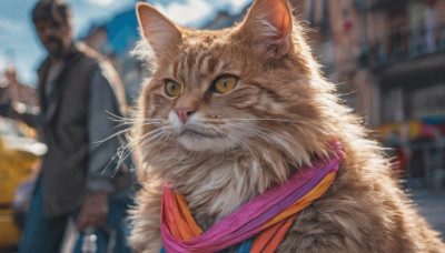 yellow eyes, outdoors, sky, day, signature, blurry, no humans, depth of field, blurry background, animal, cat, slit pupils, realistic, animal focus, whiskers