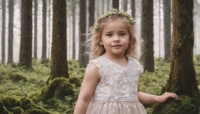 1girl,solo,long hair,looking at viewer,blue eyes,blonde hair,brown hair,dress,upper body,flower,outdoors,sleeveless,white dress,blurry,tree,lips,depth of field,blurry background,child,nature,forest,realistic,female child,head wreath,parted lips,day