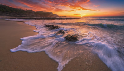 outdoors, sky, cloud, water, tree, dutch angle, no humans, ocean, beach, nature, scenery, sunset, sand, horizon, waves, shore