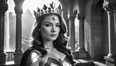 1girl,solo,long hair,breasts,looking at viewer,cleavage,medium breasts,closed mouth,collarbone,monochrome,upper body,greyscale,cape,lips,tiara,crown,gem,forehead jewel,pillar,column,jewelry,facial mark,portrait,realistic