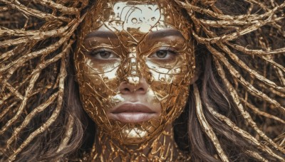 1girl,solo,long hair,looking at viewer,brown hair,black hair,brown eyes,closed mouth,blurry,lips,mask,portrait,close-up,realistic,straight-on,gold,grey hair,armor,black eyes,grey eyes,eyelashes,tattoo,chain,gold chain