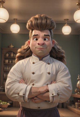 solo,long hair,looking at viewer,smile,brown hair,shirt,long sleeves,1boy,brown eyes,closed mouth,standing,white shirt,upper body,male focus,food,indoors,blurry,apron,buttons,blurry background,crossed arms,waist apron,lamp,fat,fat man,arm hair,ceiling light,chef,artist name,lips,depth of field,facial hair,watermark,thick eyebrows,web address,realistic,nose,counter