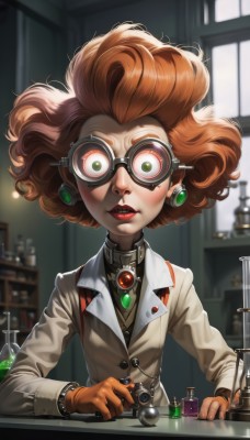 1girl,solo,looking at viewer,short hair,brown hair,gloves,jewelry,green eyes,upper body,earrings,glasses,indoors,orange hair,blurry,lips,makeup,blurry background,lipstick,goggles,freckles,curly hair,labcoat,red lips,big hair,crazy eyes,test tube,vial,potion,mole,gem