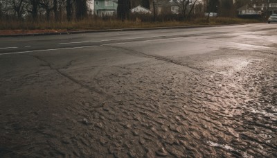 outdoors,day,tree,no humans,grass,ground vehicle,building,nature,scenery,motor vehicle,forest,sign,realistic,car,road,lamppost,street,real world location,sky,window,snow,fence,house,bare tree,road sign,truck