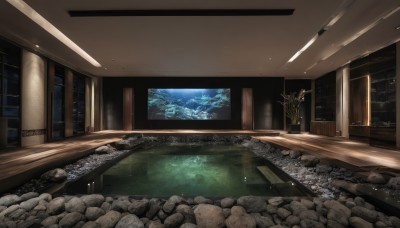 indoors,water,tree,no humans,window,scenery,reflection,wooden floor,rock,door,architecture,east asian architecture,pillar,pond,sky,night,plant,star (sky),night sky,starry sky,mountain,light,landscape,stone,wood