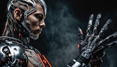 solo,blonde hair,gloves,1boy,upper body,male focus,armor,from side,profile,facial hair,helmet,beard,smoke,science fiction,realistic,mechanical arms,cyborg,cyberpunk,android,bald,mechanical parts