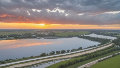 outdoors,sky,cloud,water,tree,no humans,ocean,sunlight,cloudy sky,grass,nature,scenery,forest,reflection,sunset,mountain,sun,horizon,road,river,evening,landscape,shore,orange sky,hill,day,beach,field