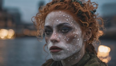 1girl,solo,looking at viewer,brown hair,jewelry,earrings,outdoors,parted lips,orange hair,blurry,black eyes,lips,wet,grey eyes,makeup,depth of field,blurry background,portrait,freckles,curly hair,realistic,nose,hair ornament,closed mouth,eyelashes