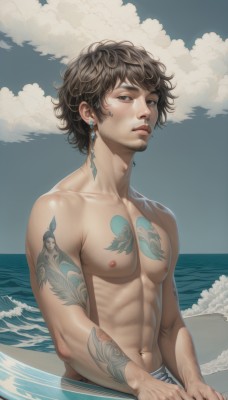 solo,brown hair,black hair,1boy,navel,brown eyes,jewelry,sitting,nipples,collarbone,upper body,male focus,earrings,outdoors,parted lips,sky,day,cloud,water,blue sky,lips,tattoo,muscular,facial hair,ocean,beach,abs,cloudy sky,pectorals,beard,toned,topless male,realistic,nose,stubble,arm tattoo,shoulder tattoo,male swimwear,waves,looking at viewer,short hair,muscular male,partially submerged,hyur