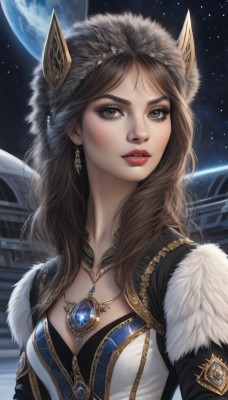 1girl,solo,long hair,breasts,looking at viewer,brown hair,hat,cleavage,brown eyes,jewelry,medium breasts,upper body,earrings,parted lips,sky,necklace,lips,fur trim,eyelashes,makeup,night,moon,lipstick,gem,star (sky),pendant,starry sky,realistic,nose,red lips,space,planet,earth (planet),animal ears,hood