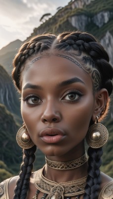 1girl,solo,long hair,looking at viewer,black hair,brown eyes,jewelry,braid,earrings,outdoors,parted lips,teeth,choker,dark skin,necklace,blurry,twin braids,dark-skinned female,lips,eyelashes,blurry background,portrait,close-up,forehead,freckles,realistic,nose,very dark skin,multiple braids,piercing,dreadlocks