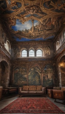 sky,day,cloud,indoors,tree,no humans,window,chair,table,sunlight,scenery,wooden floor,stairs,fantasy,bookshelf,lamp,architecture,pillar,ceiling,carpet,church,arch,rug,chandelier,blue sky,book,couch,smoke,candle,painting (object),candlestand