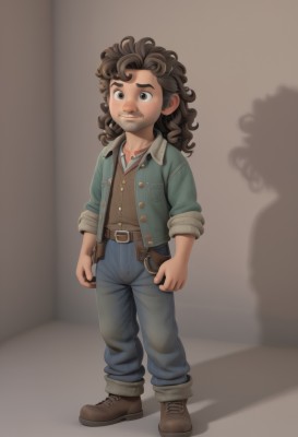 solo,long hair,brown hair,shirt,1boy,brown eyes,closed mouth,standing,jacket,full body,weapon,male focus,boots,open clothes,belt,pants,gun,shadow,facial hair,brown footwear,denim,child,beard,handgun,sleeves rolled up,curly hair,jeans,mustache,brown belt,male child,looking at viewer,smile,simple background,white shirt,shoes,collared shirt,vest