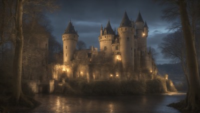 HQ,outdoors,sky,cloud,signature,water,tree,no humans,night,cloudy sky,building,nature,night sky,scenery,forest,reflection,dark,lamppost,bare tree,river,castle,tower,lake,fog,church,moon,fantasy,road,bridge,path