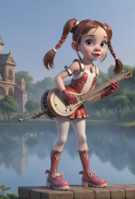 1girl,solo,long hair,looking at viewer,smile,blue eyes,brown hair,gloves,dress,twintails,jewelry,full body,braid,boots,outdoors,water,necklace,twin braids,flat chest,tree,red footwear,instrument,child,red gloves,freckles,guitar,female child,playing instrument,blush,skirt,green eyes,standing,parted lips,shoes,socks,vest,lips,loli,armband,mary janes,pigeon-toed,electric guitar