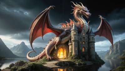 HQ,open mouth,tail,yellow eyes,outdoors,wings,horns,sky,teeth,cloud,water,orange eyes,no humans,night,glowing,fangs,cloudy sky,fire,sharp teeth,scenery,claws,flying,mountain,fantasy,dragon,scales,castle,tower,dragon wings,fog,breathing fire,molten rock,solo,day,tree,spikes,monster