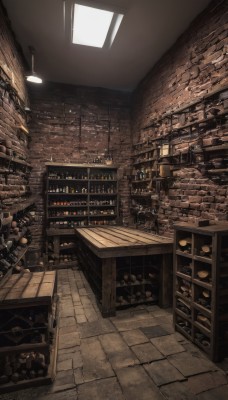 indoors,cup,no humans,window,chair,table,bottle,scenery,wooden floor,stairs,bookshelf,lamp,brick wall,stool,shelf,jar,shop,ceiling,bar (place),counter,barrel,ceiling light,cabinet,crate,sunlight,tiles,light,wall,stone wall