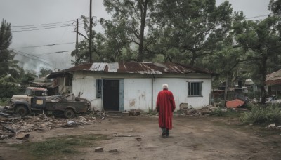 solo,1boy,standing,white hair,male focus,boots,outdoors,sky,day,from behind,tree,grass,ground vehicle,building,scenery,motor vehicle,car,road,ruins,house,old,power lines,old man,utility pole,rubble,truck,cloud,cape,black footwear,cloak,realistic,street,grey sky,red cloak