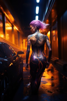 1girl,solo,short hair,jewelry,standing,closed eyes,pink hair,purple hair,ass,earrings,looking back,from behind,bodysuit,tattoo,makeup,back,piercing,ground vehicle,ear piercing,motor vehicle,reflection,science fiction,cigarette,smoking,car,arm tattoo,cyberpunk,back tattoo,full-body tattoo,nude,pants,blurry,lips,depth of field,glowing,backlighting,walking,asymmetrical hair,nose,stud earrings,very short hair,undercut,narrow waist,neon lights