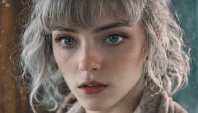 1girl,solo,looking at viewer,short hair,bangs,white hair,parted lips,teeth,blurry,lips,grey eyes,eyelashes,depth of field,blurry background,wavy hair,portrait,snow,close-up,snowing,realistic,nose,red lips,brown eyes,grey hair,messy hair