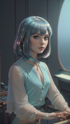 1girl,solo,breasts,looking at viewer,blush,short hair,bangs,blue eyes,shirt,long sleeves,cleavage,jewelry,blue hair,upper body,small breasts,parted lips,choker,shiny,collared shirt,belt,artist name,indoors,signature,medium hair,necklace,blurry,vest,bracelet,lips,see-through,eyelashes,makeup,blurry background,chair,bob cut,ring,blue shirt,lipstick,gem,instrument,pendant,freckles,nose,red lips,dress,medium breasts,sitting,closed mouth,collarbone,earrings,shiny hair,blue skirt,buttons,watermark,thick eyebrows,desk,backlighting,glint,realistic,music,classroom,playing instrument,see-through sleeves,mascara,piano